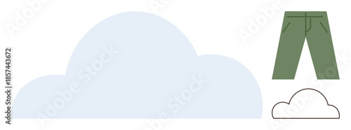 Large blue cloud, green pants, outlined black cloud. Ideal for weather, fashion, simplicity, minimalism, design concepts abstraction metaphor. Clean and simple flat metaphor
