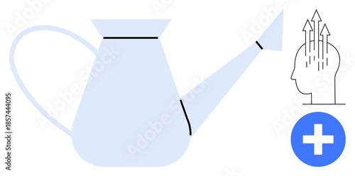 Growth concept. Growth is ed by a watering can, a brain for intellectual development, and a health symbol. Growth in learning, healthcare, personal improvement, education innovation, and productivity