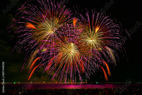 Colorful fireworks celebration and the night sky background with crowded people on the beach.