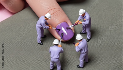 Miniature Workers Meticulously Paint a Fingernail with Purple Polish