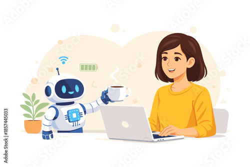 Human and AI collaboration concept, robot assistant helping woman