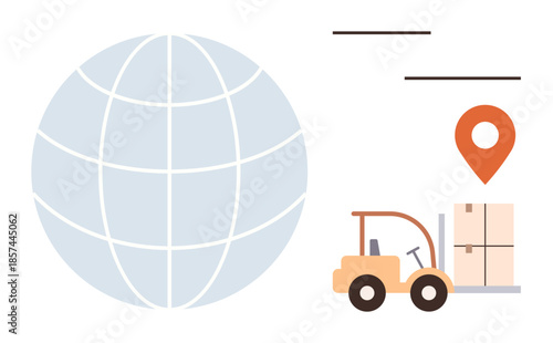 Earth globe, forklift moving cargo, and location pointer emphasize international shipping, logistics. Ideal for supply chain, global business, transportation, delivery service, freight