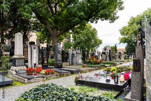 Vysehrad cemetery estabilished in 19th century on the grounds of Vysehrad Castle in Prague, Czech Republic, resting place of notable people and artists