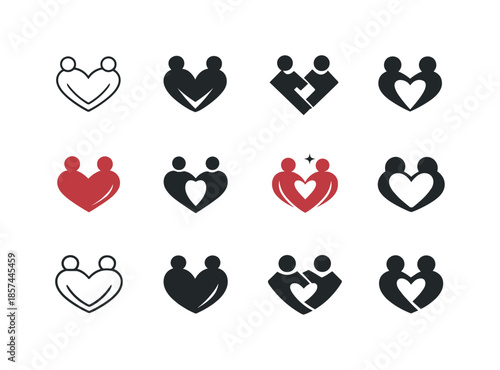 Romantic Symbol Logos. Positive reinforcement in romantic relationships. Icon set. Set Logo of Positive reinforcement in romantic relationships: shared heart.