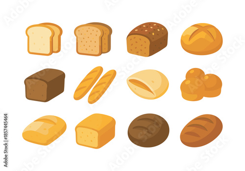 Colorful Bread Icons. Bread varieties. Colorful flat vector icons set of bread varieties: white bread slices, whole wheat slices, multigrain loaves, sourdough