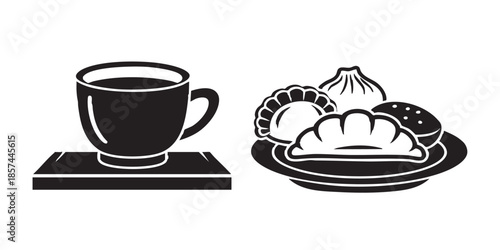 Tea cup and dumplings on board solid icon, japanese food concept. Vector graphics. Ceramic plate with pastry, fastfood sign on white background, style icon mobile or web design