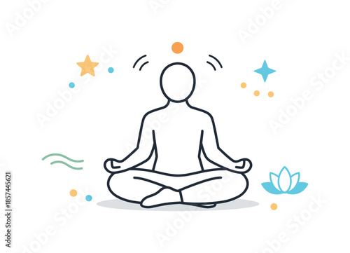Minimal Meditation Symbols. Meditation practice icons. Minimal person in cross-legged meditation pose, surrounded by calming symbols like stars, dots, and