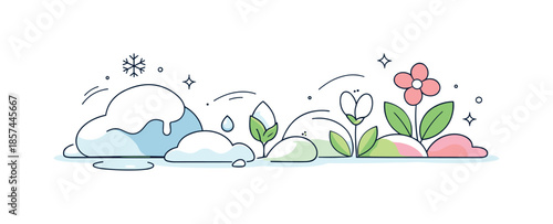 Seasonal Transformation. Winter melting into spring. Rounded abstract forms resembling snow and ice softly transforming into leaves and petals. Peaceful