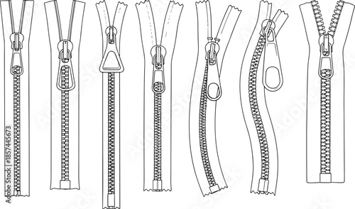 Set of zipper designs line art technical fashion fastener collection isolated on white background cad drawing flat vector illustration style