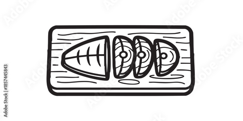 Wooden board with fish sliced fillet solid icon, japanese food concept. Vector graphics. Fillet slices and fish, seafood sign on white background, style icon mobile or web design