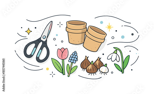 Gardening Essentials Display. Planting tools and early blooms. A clean flatlay of garden scissors, biodegradable pots, and flower bulbs, surrounded by abstract