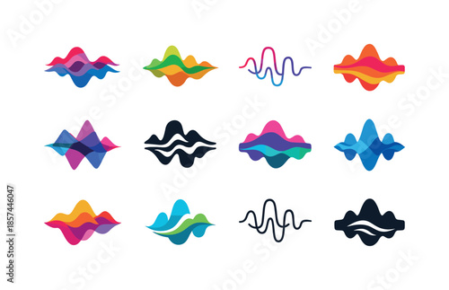 Sound Wave Icons. Abstract shapes and colors representing sound. Icon set. Set Logo of abstract shapes and colors representing sound: layered frequency curves.