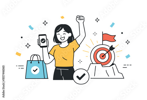 Customer Purchase Success. Customer conversion success. A character completing a purchase and reaching a final goal icon. Positive outcome and satisfaction,