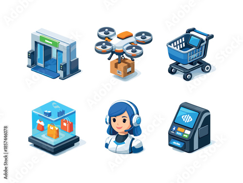 Future Retail Icons. Future retail. Isometric flat vector icons set of future retail: automated store entrance, delivery drone, smart shopping cart, virtual