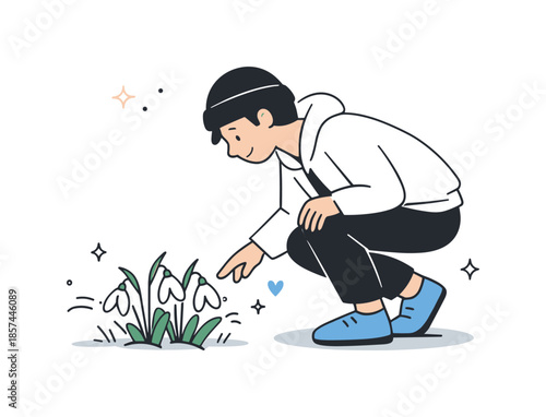 Snowdrops in Spring. Snowdrops early spring illustration. A person gently observing snowdrops growing nearby, bending slightly in a quiet outdoor moment. Soft