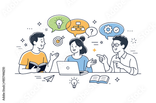 Collaborative Ideas Exchange. Knowledge sharing. Team members exchanging ideas with speech bubbles and simple diagrams, supporting collaborative learning. Open