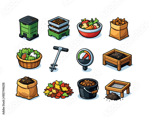 Eco Composting Icons. Eco composting. Colorful isometric vector icons set of eco composting: compost bin, worm farm, kitchen scraps bowl, carbon-rich browns