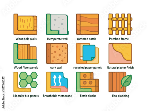 Sustainable Wall Icons. Sustainable wall systems. Colorful flat vector icons set of sustainable wall systems: straw bale walls, hempcrete walls, rammed earth
