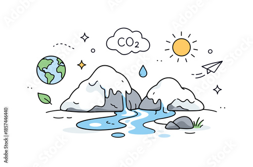 Melting Snow Awareness. Melting snow and climate change. A simple scene of snow piles melting into small streams, representing global warming and environmental