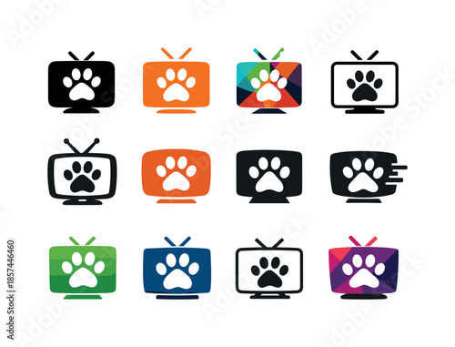 Animal Video Icons. animal videos. Icon set. Set Logo of animal videos: TV screen with paw icon. harmonious logo variations of the same emblematic concept,