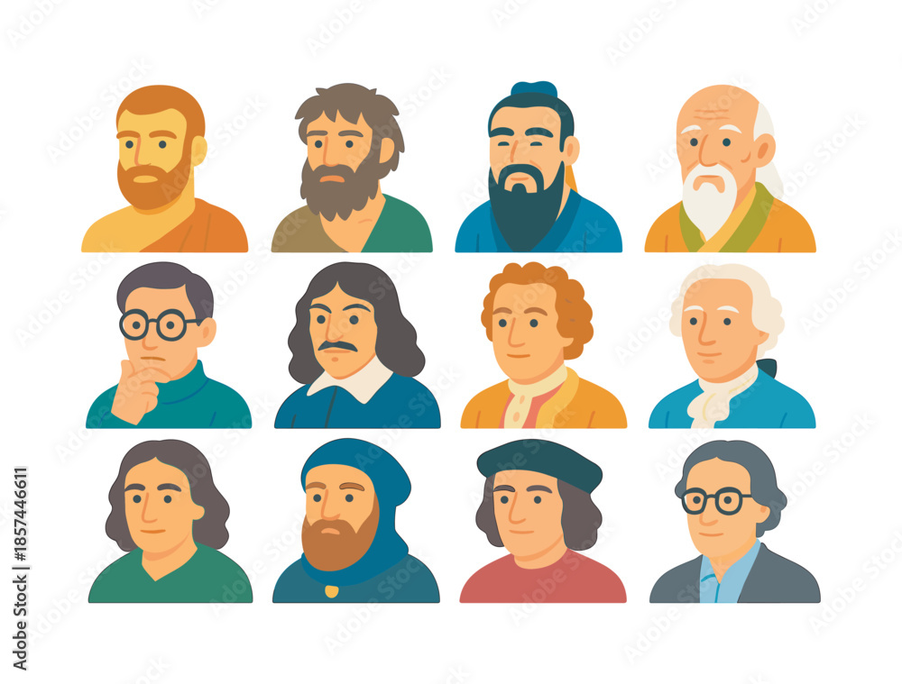 Fototapeta premium Colorful Philosophers Icons. Philosophical schools. Colorful flat vector icons set of Philosophical schools: Stoic philosopher portrait, Cynic philosopher
