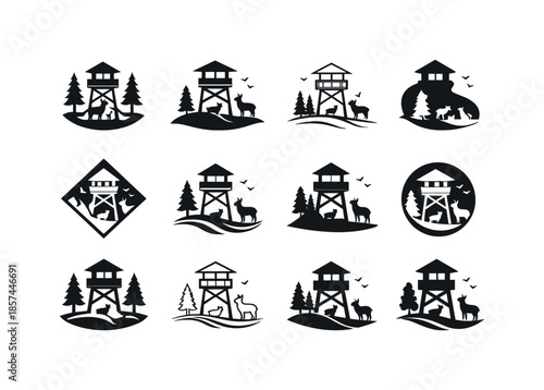 Wildlife Sanctuary Icons. Wildlife sanctuaries and animal care facilities. Icon set. Set Logo of Wildlife sanctuaries and animal care facilities: sanctuary