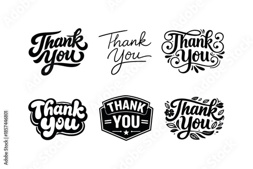 Harmonious Thank You Variations. Thank You Tag. Set lettering. harmonious lettering variations of the same emblematic concept, each with different artistic