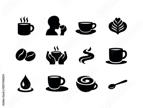 Coffee Icon Set. Coffee moments. Solid icon set of coffee moments: steaming mug, sip silhouette, cup on saucer, latte art rosette, bean pair, cozy hands, drink