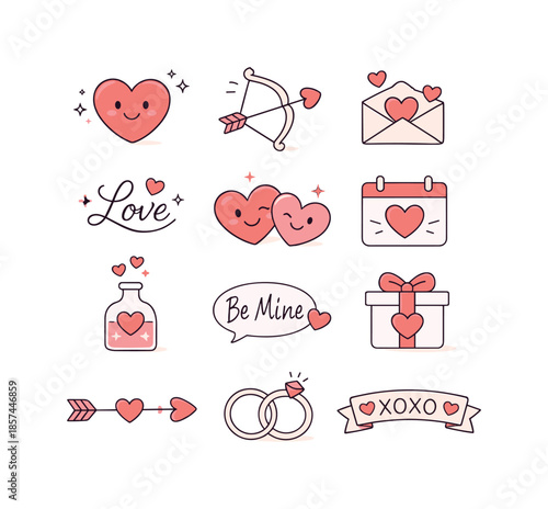 Elegant Valentine Icons. Valentine icons set. A playful yet elegant icon pack with smiling hearts, arrows, and small love labels, floating lightly to suggest