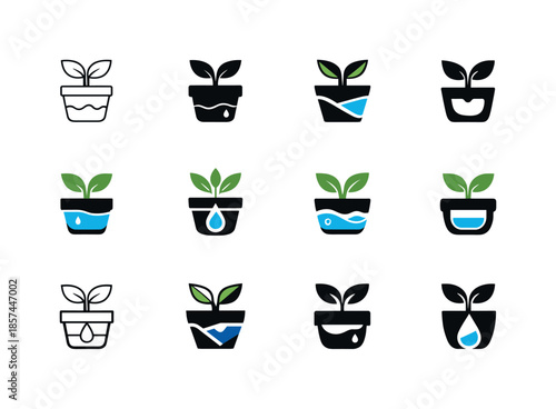 Self-Watering Plant Icons. Self-watering indoor plants. Icon set. Set Logo of Self-watering indoor plants: plant pot with water reservoir. harmonious logo