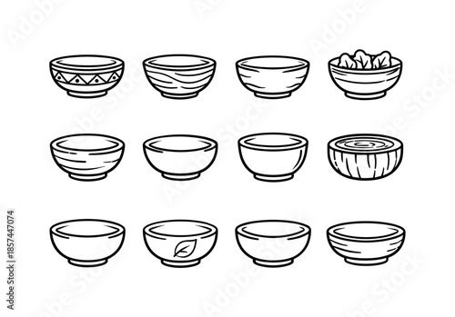 Wooden Bowl Icons. Wooden Bowl. Line icon set of Wooden Bowl: carved wood bowl, natural grain bowl, rustic wooden bowl, salad wood bowl, handmade wood bowl,