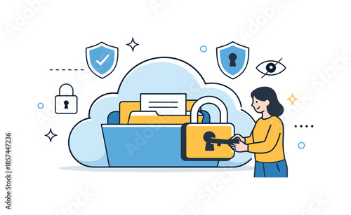 Cloud Data Security. Secure data storage. A character locking files inside a cloud-shaped container, representing protection and privacy. Calm and reassuring