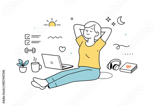 Balanced Work-Life Harmony. Balanced remote lifestyle. A character stretching or relaxing next to a laptop, combining work and personal time. Healthy rhythm,