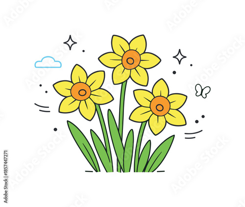 Spring Daffodil Illustration. Spring daffodil flower illustration. Fresh yellow daffodils with simple leaves, expressing renewal and early spring energy. Calm