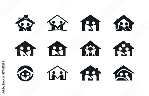 Poverty Alleviation Icons. Poverty alleviation. Icon set. Set Logo of poverty alleviation: home shelter symbol. harmonious logo variations of the