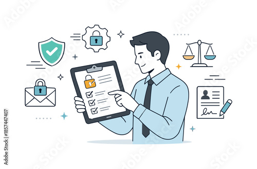 Privacy Review Essence. Privacy and compliance. Professional reviewing privacy settings and consent checklists on a tablet, with subtle legal icons around.