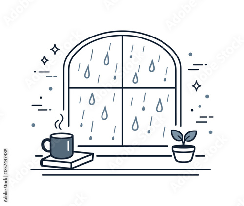 Rainy Window Serenity. Rainy window scene illustration. Minimal abstract window with raindrops trickling down, soft calm mood evoking indoor coziness and