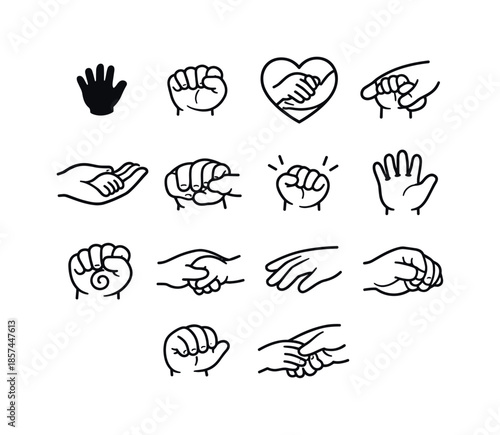 Baby Hands Icon Set. Baby hands grasping. Line icon set of symbolic baby-hand elements: tiny hand silhouette, curled fingers icon, heart-and-hand symbol,