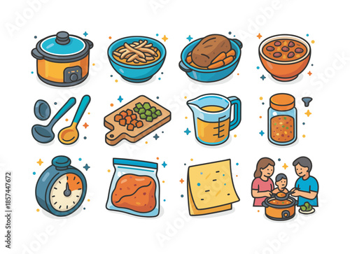 Isometric Slow Cooker Feast. Slow cooker family meals. Colorful isometric vector icons set of slow cooker family meals: slow cooker with warm light, shredded