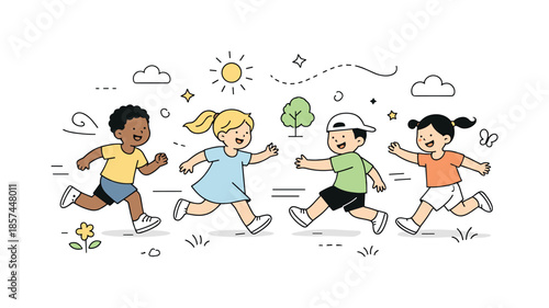 Joyful Outdoor Playtime. Kids playing outdoors again. Children happily running and playing together outside, expressing freedom, fresh air and seasonal joy.