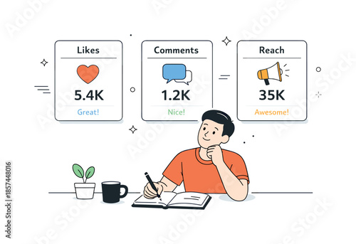 Social Media Insights. Social media performance tracking. Person analyzing likes, comments, and reach cards arranged in a neat layout. Friendly atmosphere of