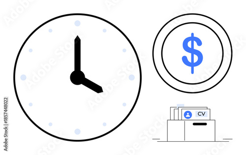 Time management concept. Time is ed alongside a dollar icon and a CV folder, emphasizing time, money, and career interconnection. For staffing, career planning, and job search apps