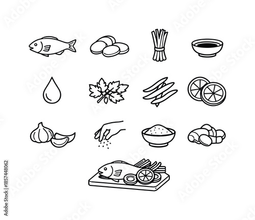 Steamed Fish Ingredients Icons. Steamed Fish Ingredients. Line icon set of Steamed Fish Ingredients: whole raw fish, ginger slices, scallions bundle, soy sauce