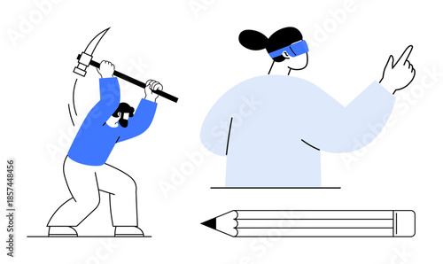 Creative process, design thinking, innovation, digital tools, VR technology, teamwork. A worker using a pickaxe, a person with VR headset and a pencil. Creativity and design thinking concept