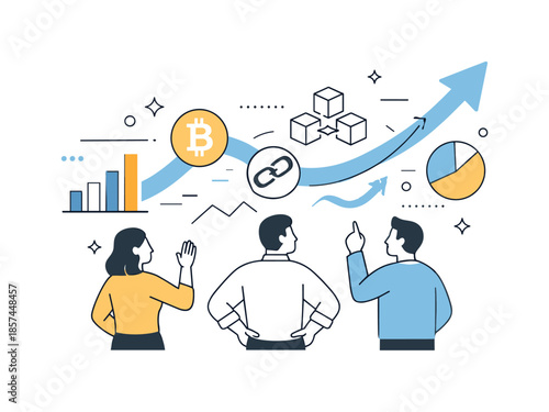 Digital Finance Innovation. Future of digital finance. Characters observing abstract charts and blockchain symbols forming an upward trend. Optimism and