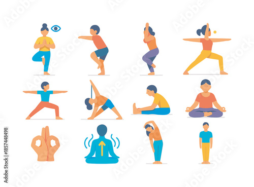 Concentration Yoga Icons. Concentration yoga. Colorful flat vector icons set of concentration yoga: tree focus pose, one-leg chair, eagle twist, warrior I