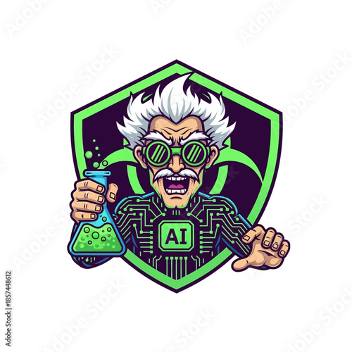 Cartoon mad scientist character with ai circuit emblem and hazardous green liquid in a laboratory flask representing artificial intelligence and biohazard concepts