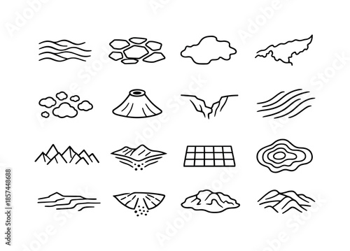 Titan Surface Icons. Titan surface features. Line icon set of Titan surface features: dune lines, ice plains, methane sea outline, coastline pattern, island