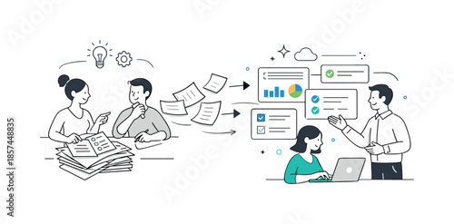 Digital Process Evolution. Digital transformation concepts. Team rethinking traditional processes using digital tools, papers turning into clean interface