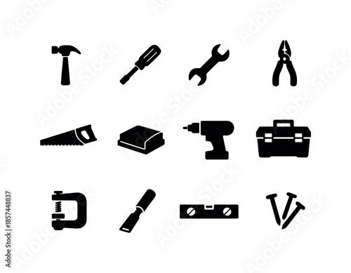 DIY Tool Icons. DIY workshop. Solid icon set of DIY workshop: hammer, screwdriver, wrench, pliers, hand saw, sanding block, drill silhouette, toolbox, clamp,